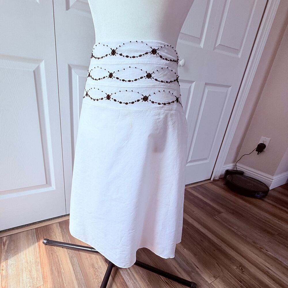 La Belle White Cotton Embroidered Lined A-Line Boho Cottagecore Skirt Medium